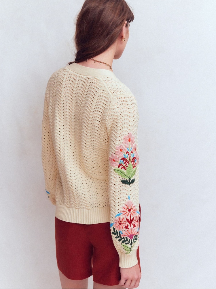 Boden Cream Relaxed Cotton Stitch Cardigan - Image 2 of 5 Boden Cream Relaxed Cotton Stitch Cardigan - Image 2 of 5