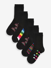 Črna z barvnimi logotipi - Komplet 5 z bombažem bogatih nizkih šolskih nogavic - Slika 1 iz 6