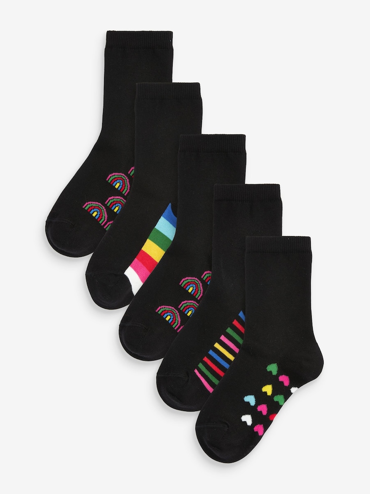 Črna z barvnimi logotipi - Komplet 5 z bombažem bogatih nizkih šolskih nogavic - Slika 1 iz 6