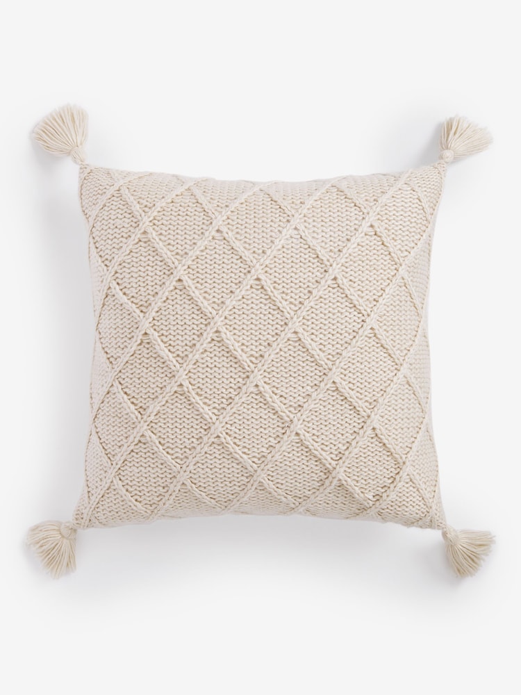 Cream Knitted Tassel Trim Cushion - Image 2 of 5