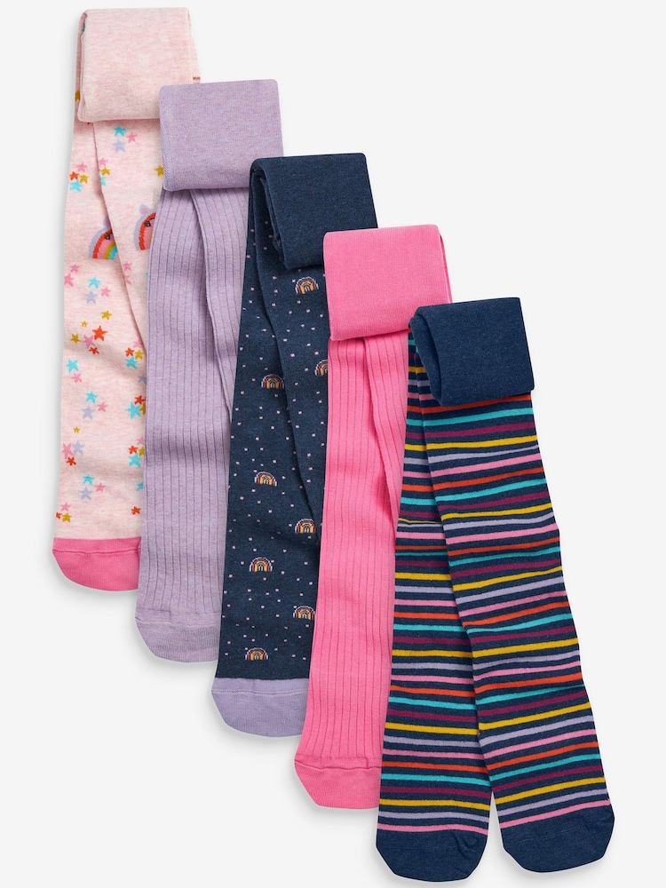 Pink/Blue/Purple 5 Pack Cotton Rich Rainbow Stripe Tights - Image 1 of 7