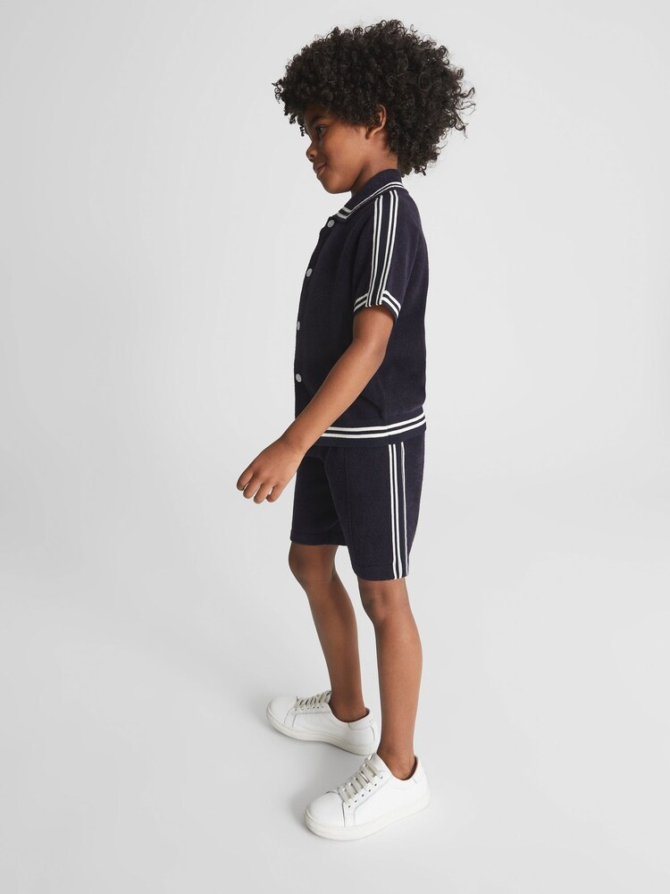 Reiss Navy Valley Junior Velour Side Stripe Shorts - Image 1 of 6