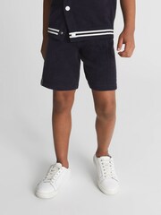 Reiss Navy Valley Junior Velour Side Stripe Shorts - Image 3 of 6