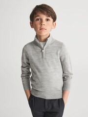 Reiss Soft Grey Melange Blackhall Slim Fit Merino Wool Zip Neck Jumper - Image 1 of 6
