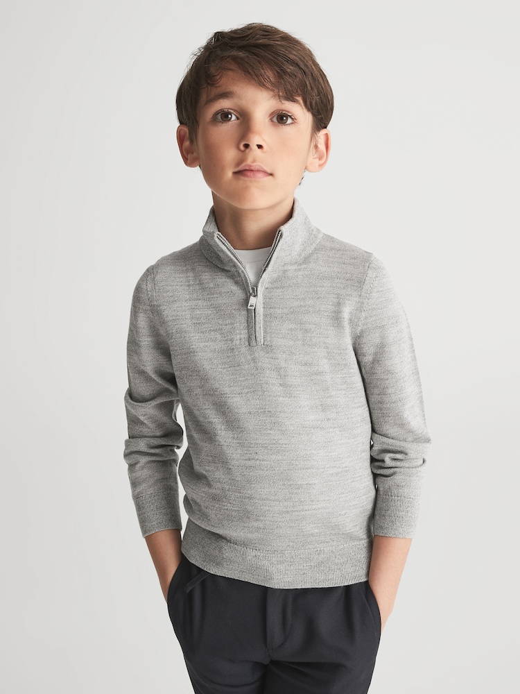 Reiss Soft Grey Melange Blackhall Slim Fit Merino Wool Zip Neck Jumper - Image 1 of 6