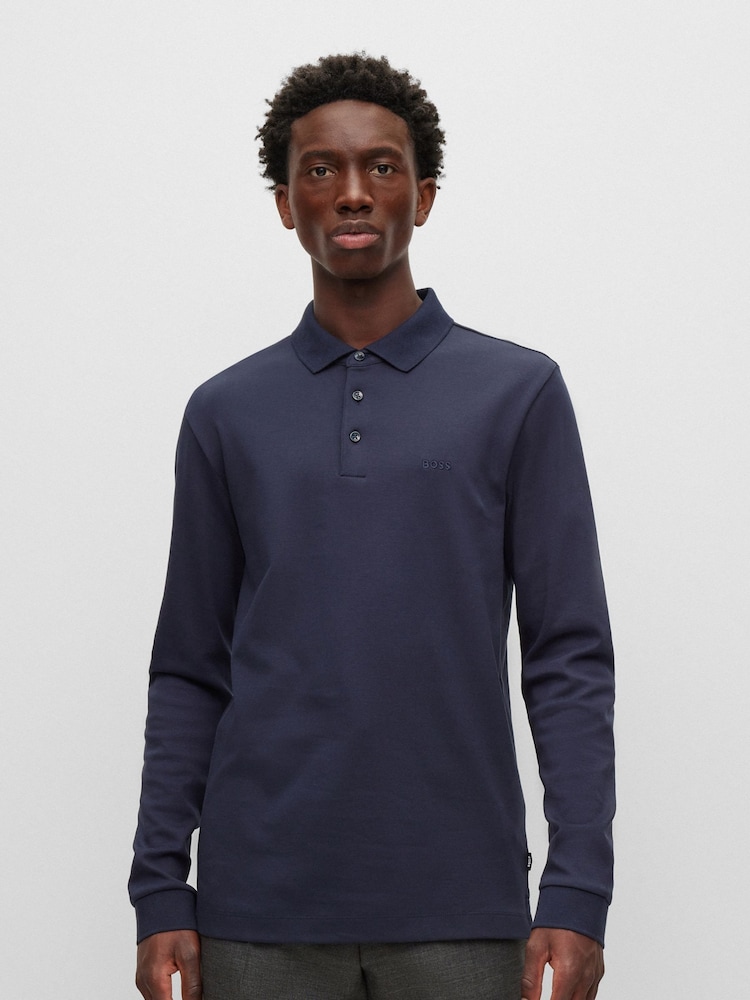 Albastru - BOSS Pado Tonal Marcă Mânecă lungă 100% Polo Cotton Tricouri - Imaginea 1 din 8