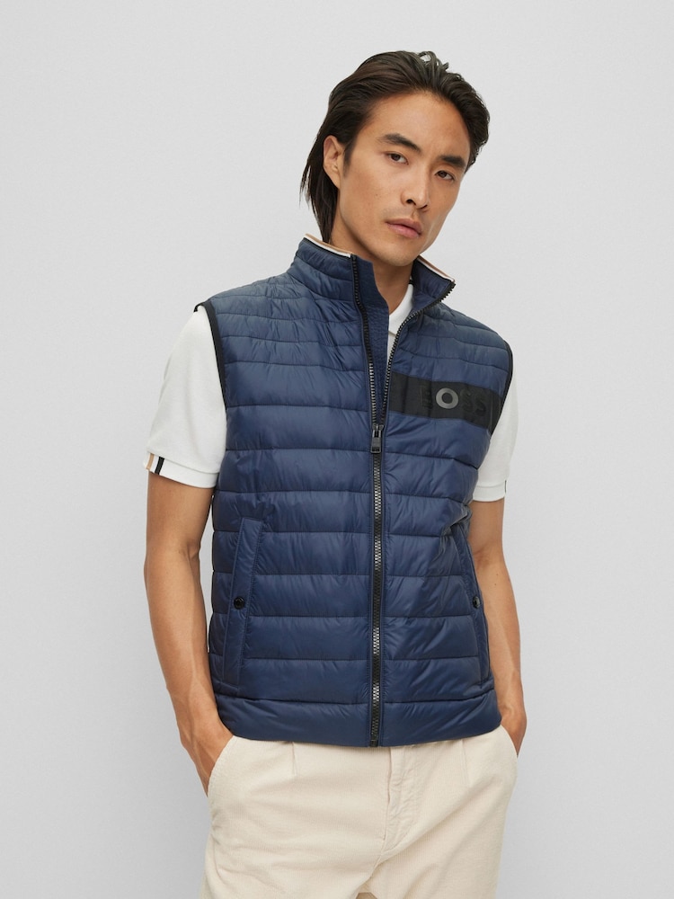 BOSS Blue Water Repellent 3D Tape Logo Padded Quilted Gilet - Image 1 of 6 BOSS Blue Water Repellent 3D Tape Logo Padded Quilted Gilet - Image 1 of 6