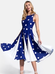 Hot Squash Womens Navy Polka Dot Pleat Midi Dress with Contrast Skirt - Image 1 of 4