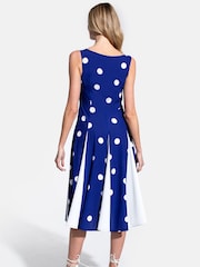 Hot Squash Womens Navy Polka Dot Pleat Midi Dress with Contrast Skirt - Image 2 of 4