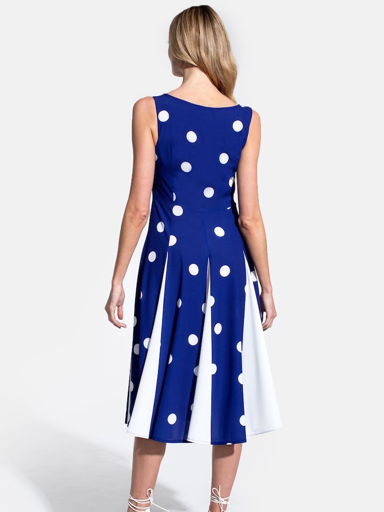 Hot Squash Womens Navy Polka Dot Pleat Midi Dress with Contrast Skirt - Image 2 of 4