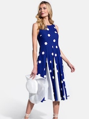 Hot Squash Womens Navy Polka Dot Pleat Midi Dress with Contrast Skirt - Image 3 of 4