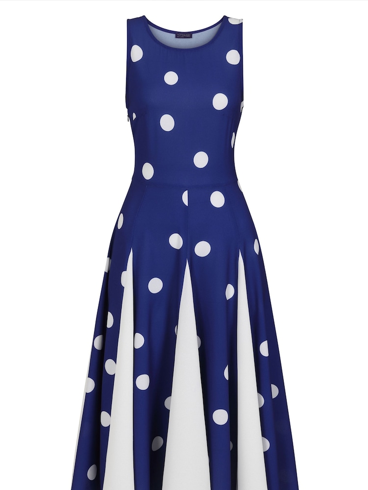 Hot Squash Womens Navy Polka Dot Pleat Midi Dress with Contrast Skirt - Image 4 of 4