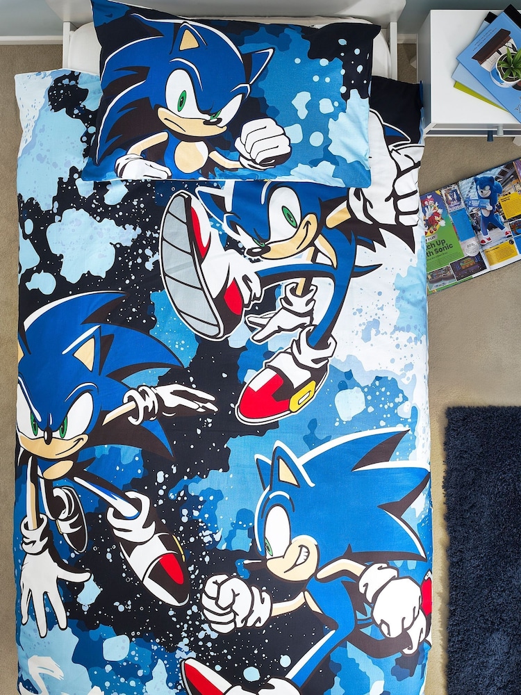 Sonic Blue Reversible 100% Cotton Duvet Cover And Pillowcase Set - Image 3 of 11