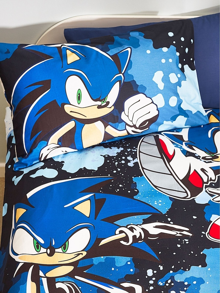 Sonic Blue Reversible 100% Cotton Duvet Cover And Pillowcase Set - Image 6 of 11