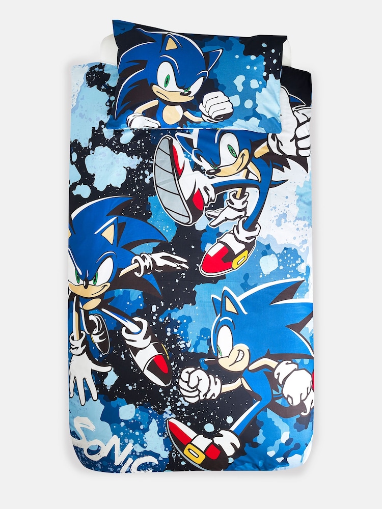 Sonic Blue Reversible 100% Cotton Duvet Cover And Pillowcase Set - Image 8 of 11