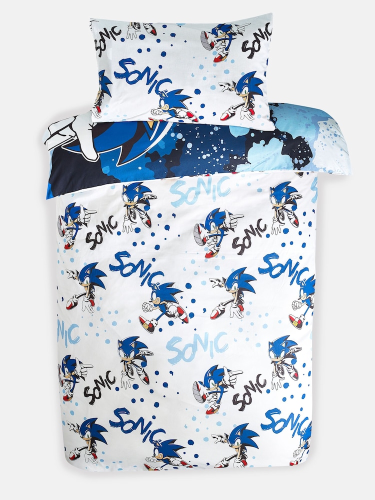 Sonic Blue Reversible 100% Cotton Duvet Cover And Pillowcase Set - Image 9 of 11