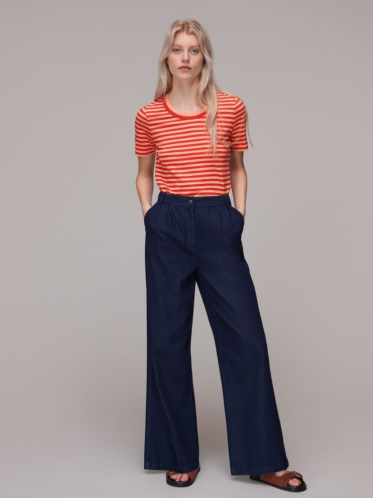 Whistles Red Rosa Double 100% Cotton Trim Stripe T-Shirt - Image 1 of 5