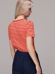 Whistles Red Rosa Double 100% Cotton Trim Stripe T-Shirt - Image 2 of 5