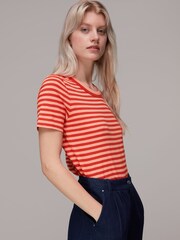 Whistles Red Rosa Double 100% Cotton Trim Stripe T-Shirt - Image 3 of 5