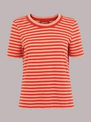 Whistles Red Rosa Double 100% Cotton Trim Stripe T-Shirt - Image 5 of 5