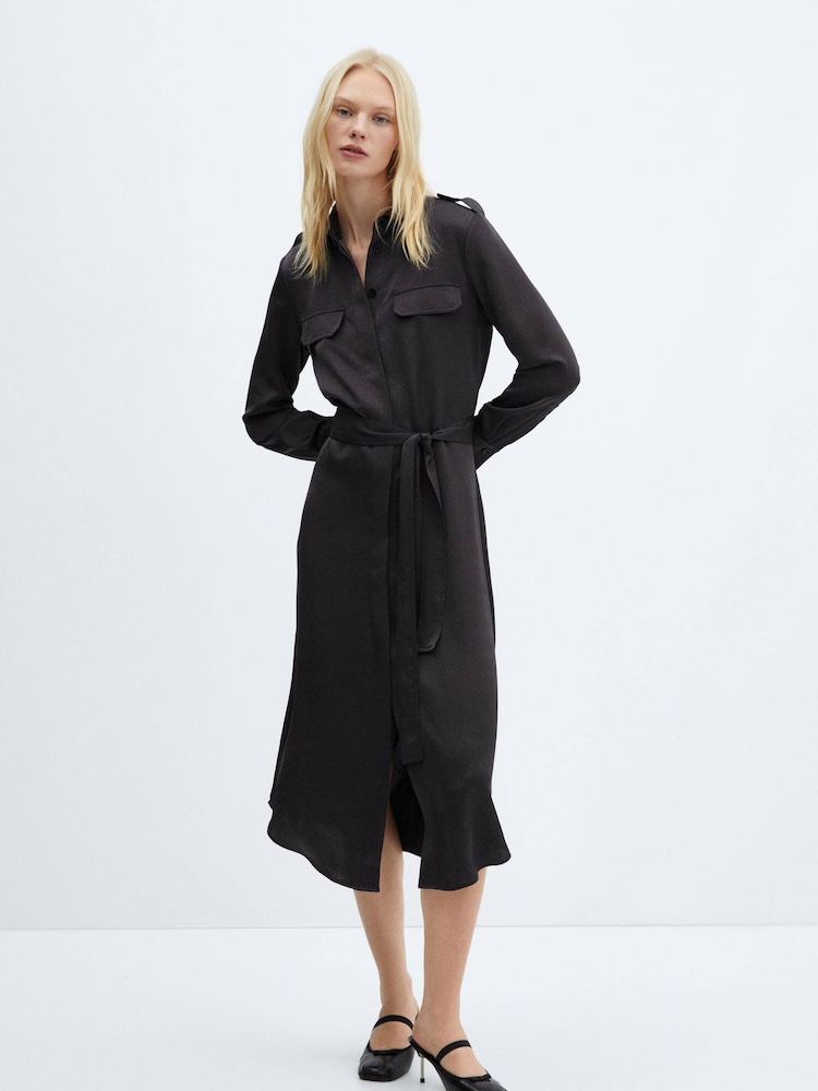 Mango Black Satin Shirt Dress - Image 1 of 7