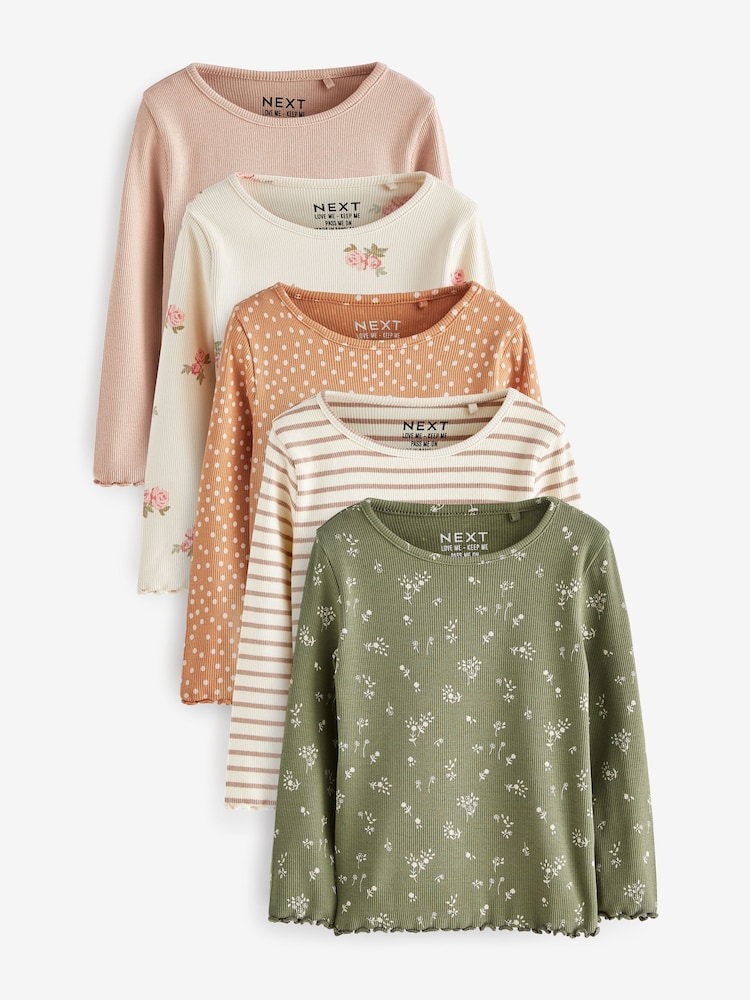 Neutral 5 Pack Long Sleeve Rib Jersey Tops (3mths-7yrs) - Image 1 of 3