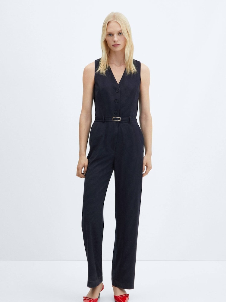 Mango Blue Striped Long Jumpsuit - Image 1 of 7