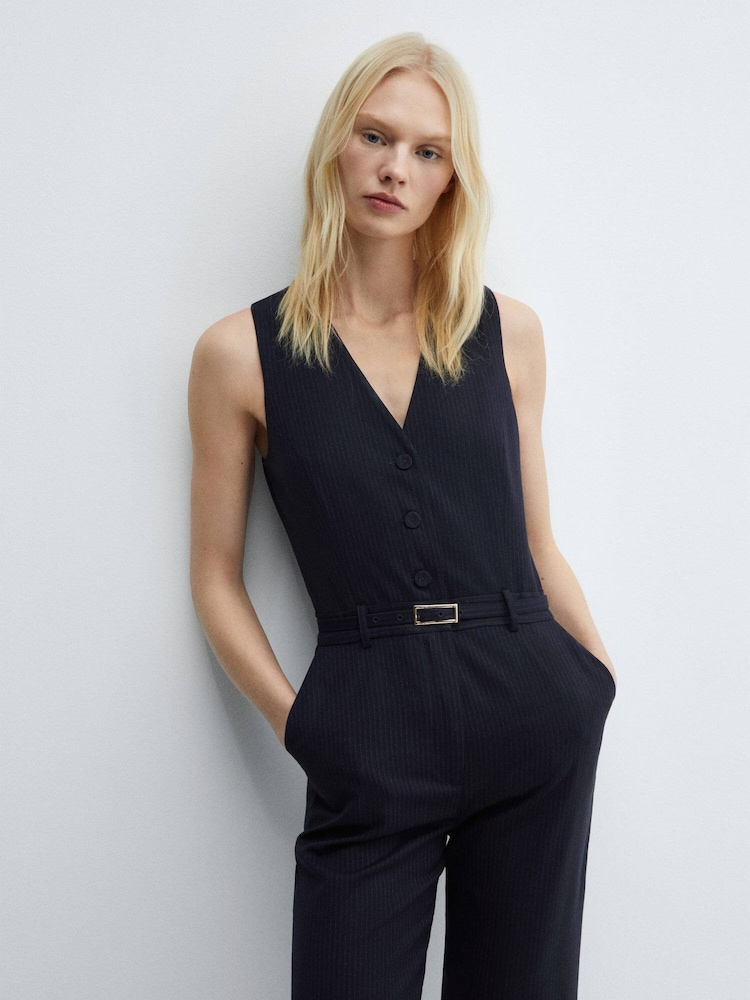 Mango Striped Sleeveless Jumpsuit Striped Combined Knitted