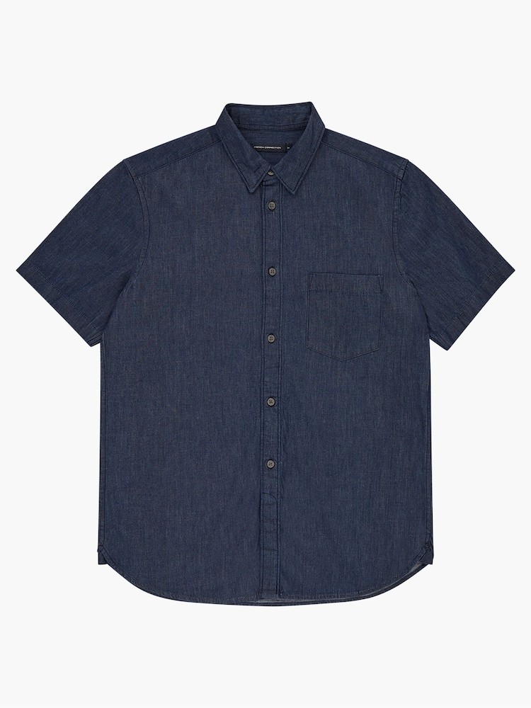 French Connection Navy Blue Denim 100% Cotton Short Sleeve Shirt - Image 4 of 4