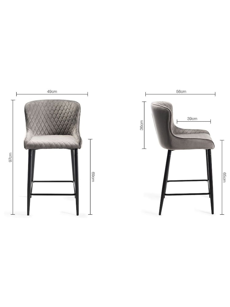 Bentley Designs Set of 2 Grey Cezanne Velvet Fabric Bar Stools - Image 4 of 4
