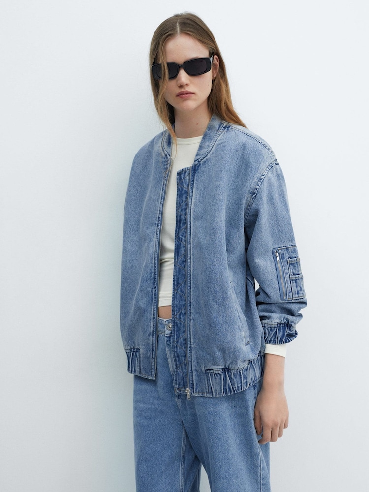 Mango Blue Denim Bomber Jacket - Image 1 of 6