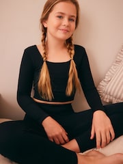 Black Ribbed Stretch Top & Leggings Set (7-16yrs) - Image 1 of 8