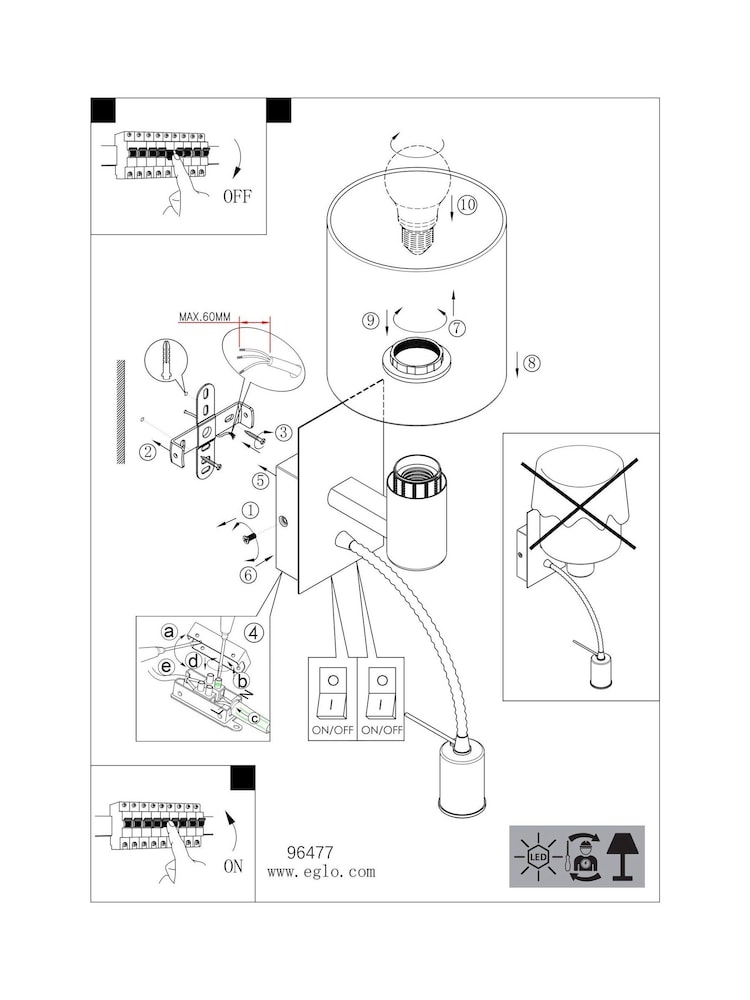 Eglo White Pasteri Fabric Wall Lamp With Reading Light - Image 5 of 5