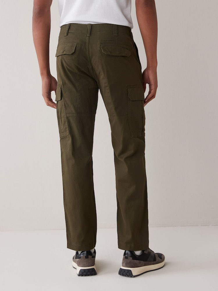 Khaki Green Straight Fit Cotton Stretch Cargo Trousers - Image 2 of 7