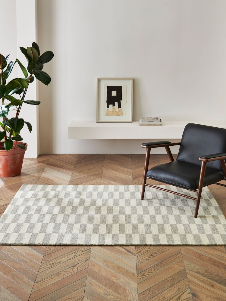 Jasper Conran London Grey/Ecru White Checkerboard Wool Rug - Image 1 of 4