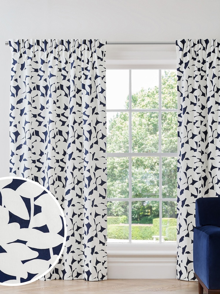 Jasper Conran London Navy Blue Pencil Pleat Blackout Floral Leaf Curtain - Image 1 of 6 Jasper Conran London Navy Blue Pencil Pleat Blackout Floral Leaf Curtain - Image 1 of 6