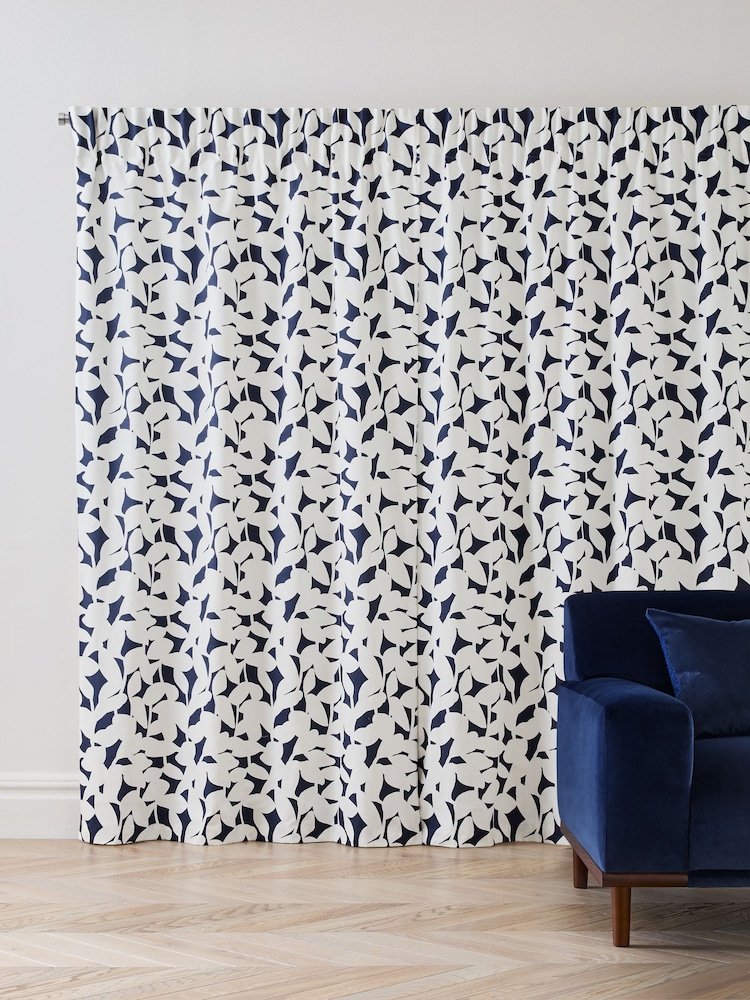 Jasper Conran London Navy Blue Pencil Pleat Blackout Floral Leaf Curtain - Image 2 of 6