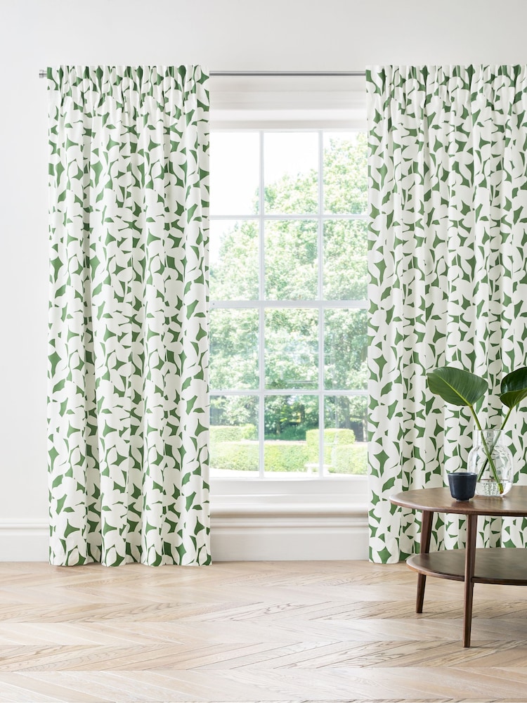 Jasper Conran London Green Pencil Pleat Blackout Floral Leaf Curtain - Image 1 of 5