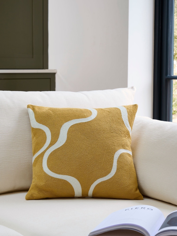 Jasper Conran London Yellow 100% Cotton Wiggle Embroidered Feather Filled Cushion - Image 4 of 4