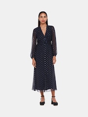 Whistles Blue Metallic Dobby Midi Dress - Image 1 of 5