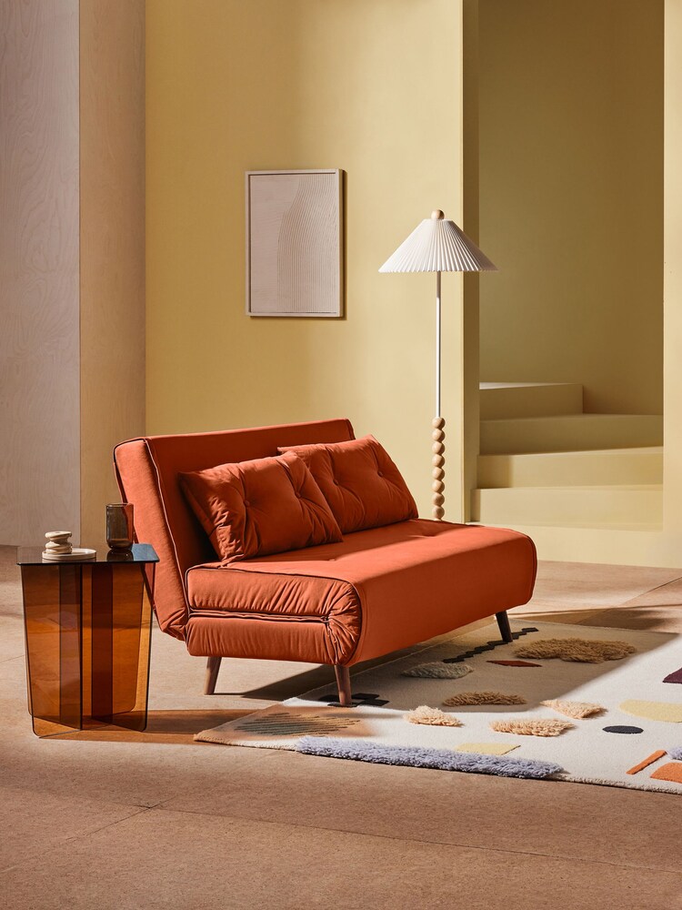 MADE.COM Smooth Velvet Tan Orange Large Borg Haru 2 Seater Sofa Bed - Image 1 of 9