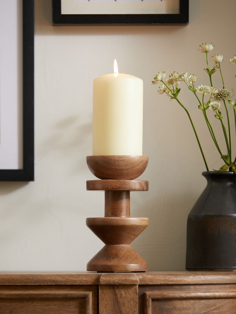 Natural Carved Wood Pillar Candle Holder - Image 1 of 5