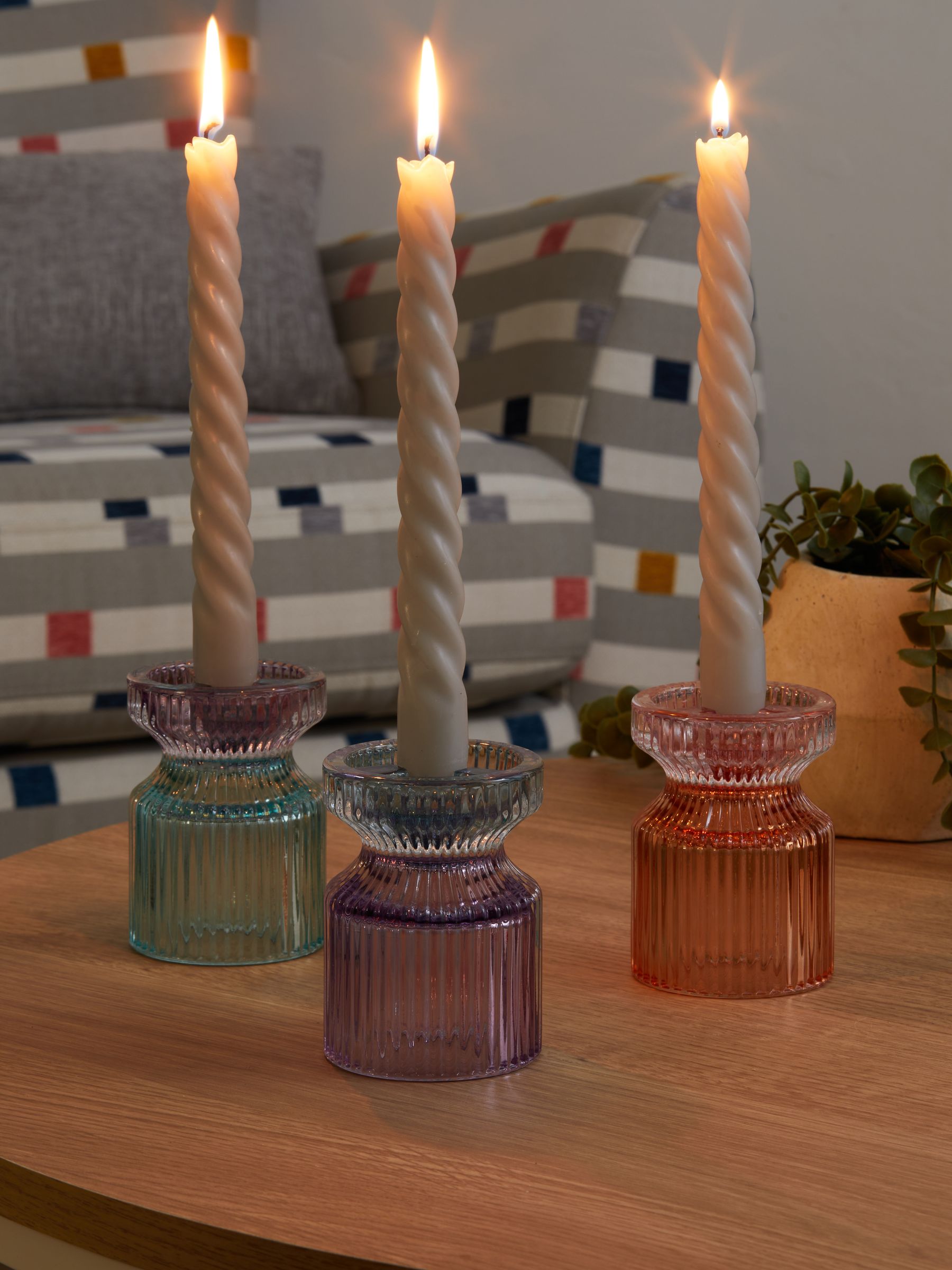 Buy Set of 3 Multi Ribbed Glass Tealight and Taper Candle