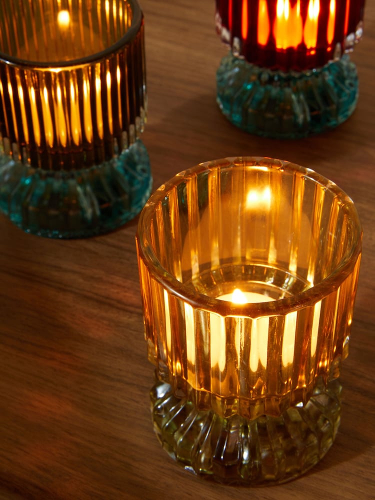 Set of 3 Multi Ribbed Glass Tealight and Taper Candle Holders - Image 2 of 4