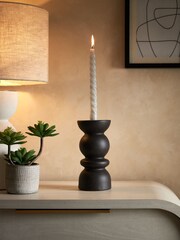Black Ceramic Pillar and Taper Candle Holder - Image 1 of 6