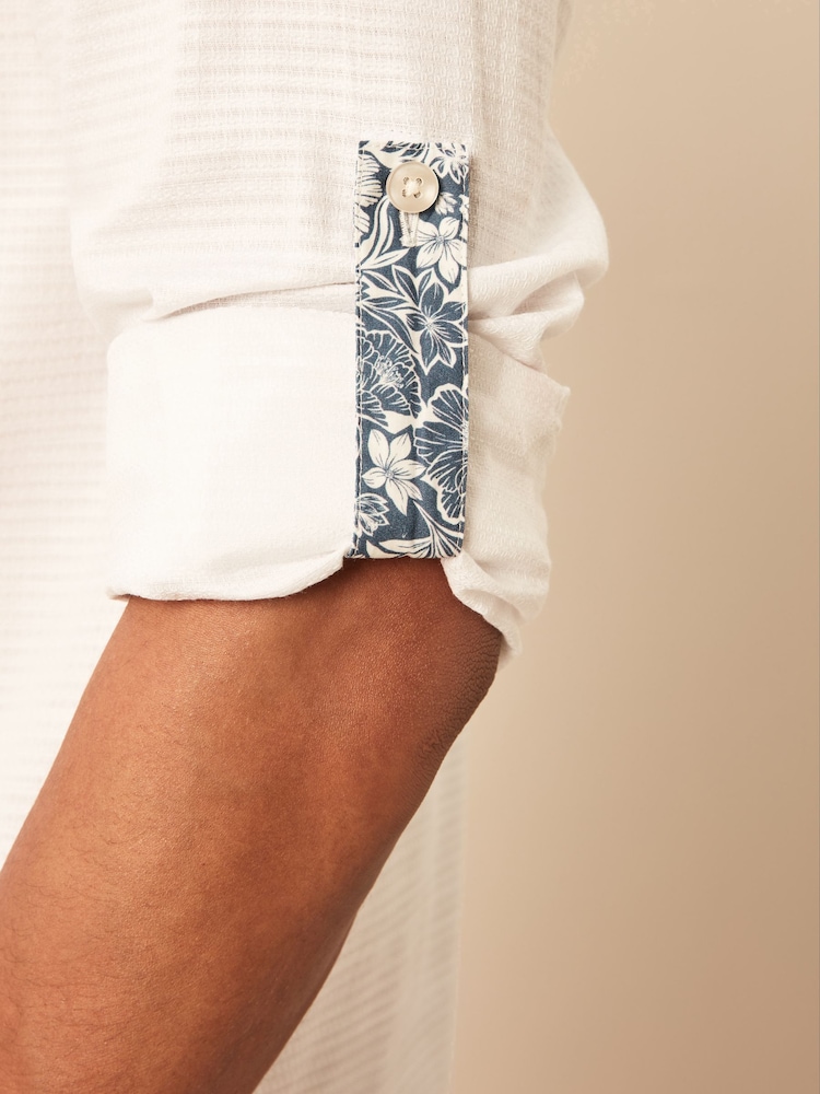 Biały - 100% Cotton Textured Trimmed Long Sleeve Oxford Shirt - Image 5 of 8