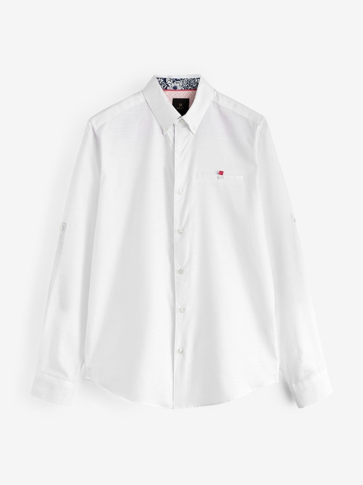 Biały - 100% Cotton Textured Trimmed Long Sleeve Oxford Shirt - Image 6 of 8
