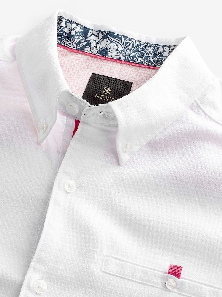 Biały - 100% Cotton Textured Trimmed Long Sleeve Oxford Shirt - Image 7 of 8