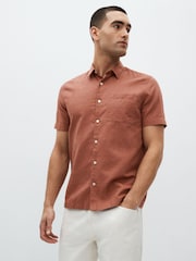 Brown Standard Collar Linen Blend Short Sleeve Shirt - Image 1 of 8