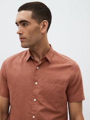 Brown Standard Collar Linen Blend Short Sleeve Shirt - Image 4 of 8